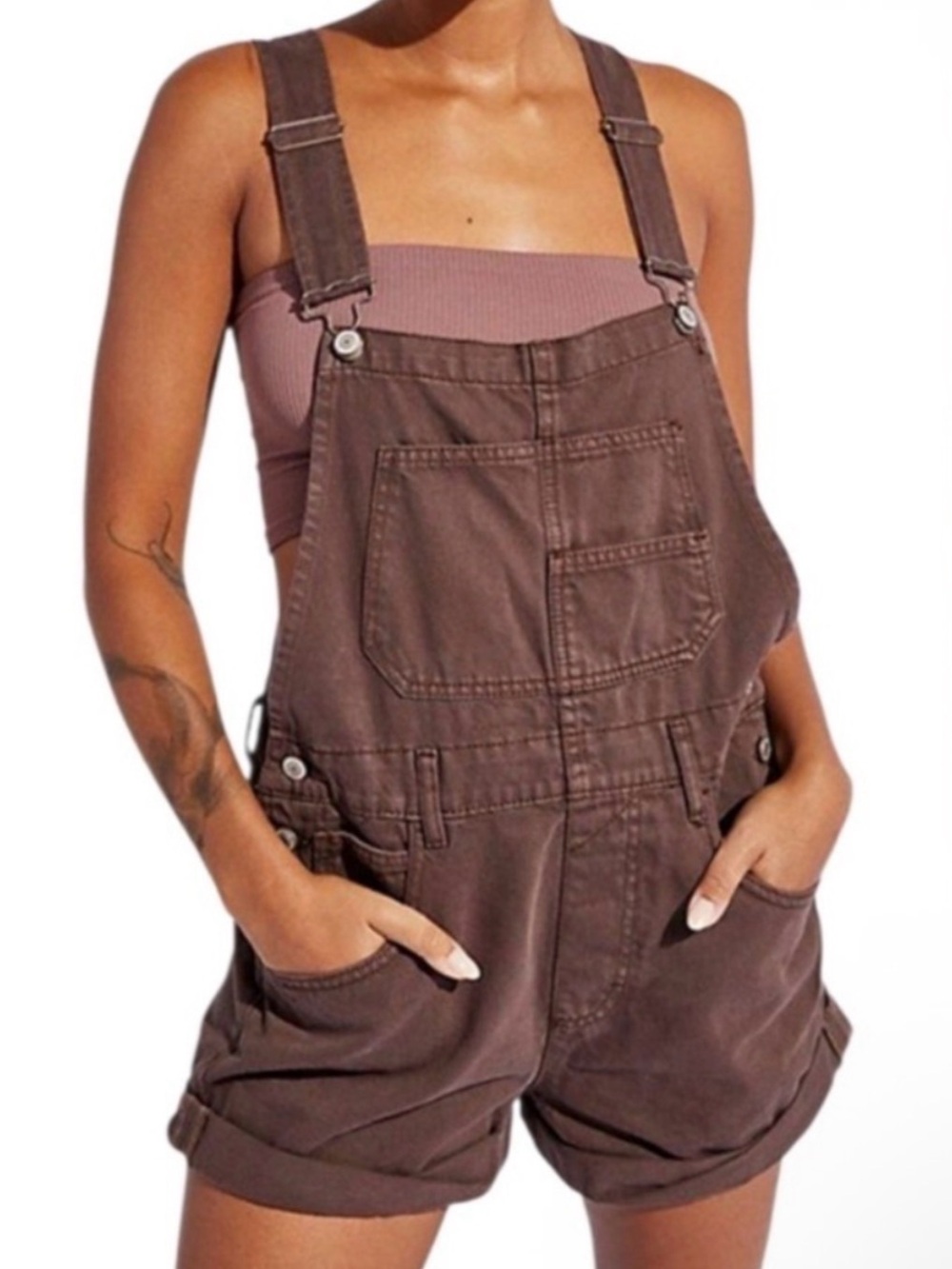 Free People Brown Short Overalls with Front Pocket